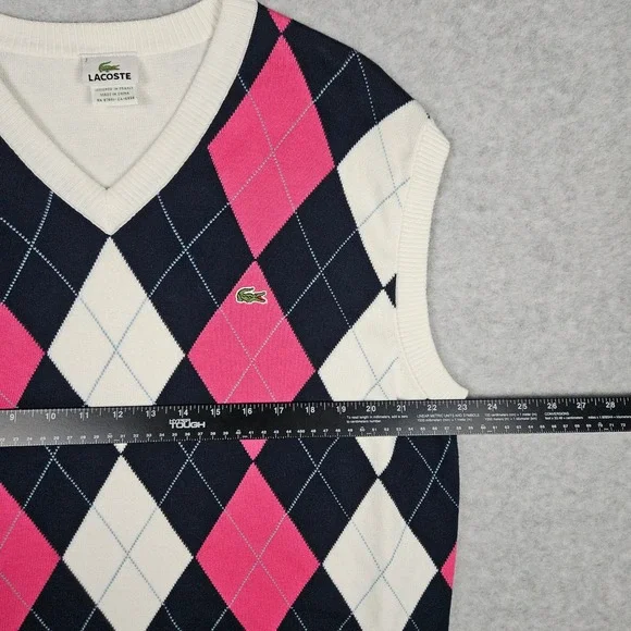 Lacoste (Men's 7 XL) White Pink Argyle Diamond V-Neck Sweater Vest Golf Tennis - Picture 5 of 6